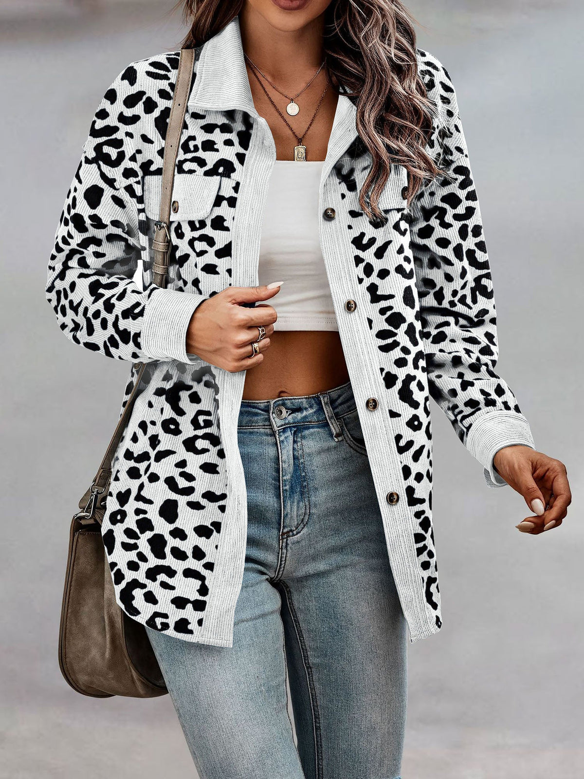 Leopard Textured Long Sleeve Collar Shacket Shirt