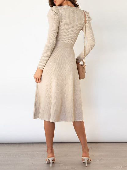 Puff Long Sleeves Knitted Lace-Up Midi Sweater Dress