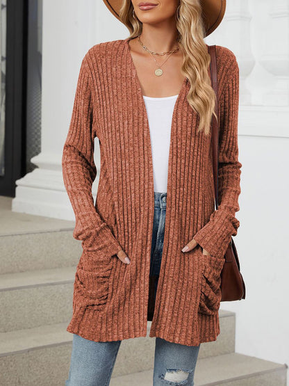 Cozy Knit Solid Color Pocket Long Sleeve Mid Length Casual Cardigan
