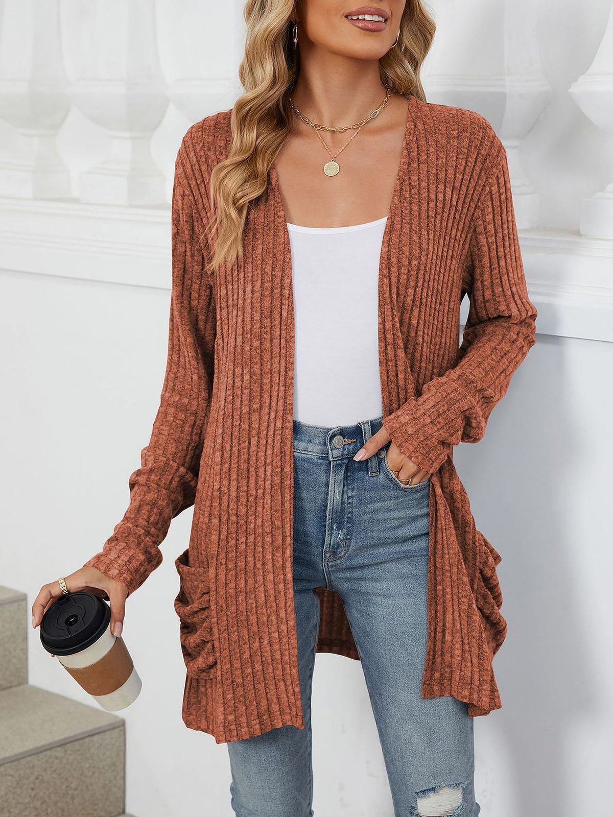 Cozy Knit Solid Color Pocket Long Sleeve Mid Length Casual Cardigan