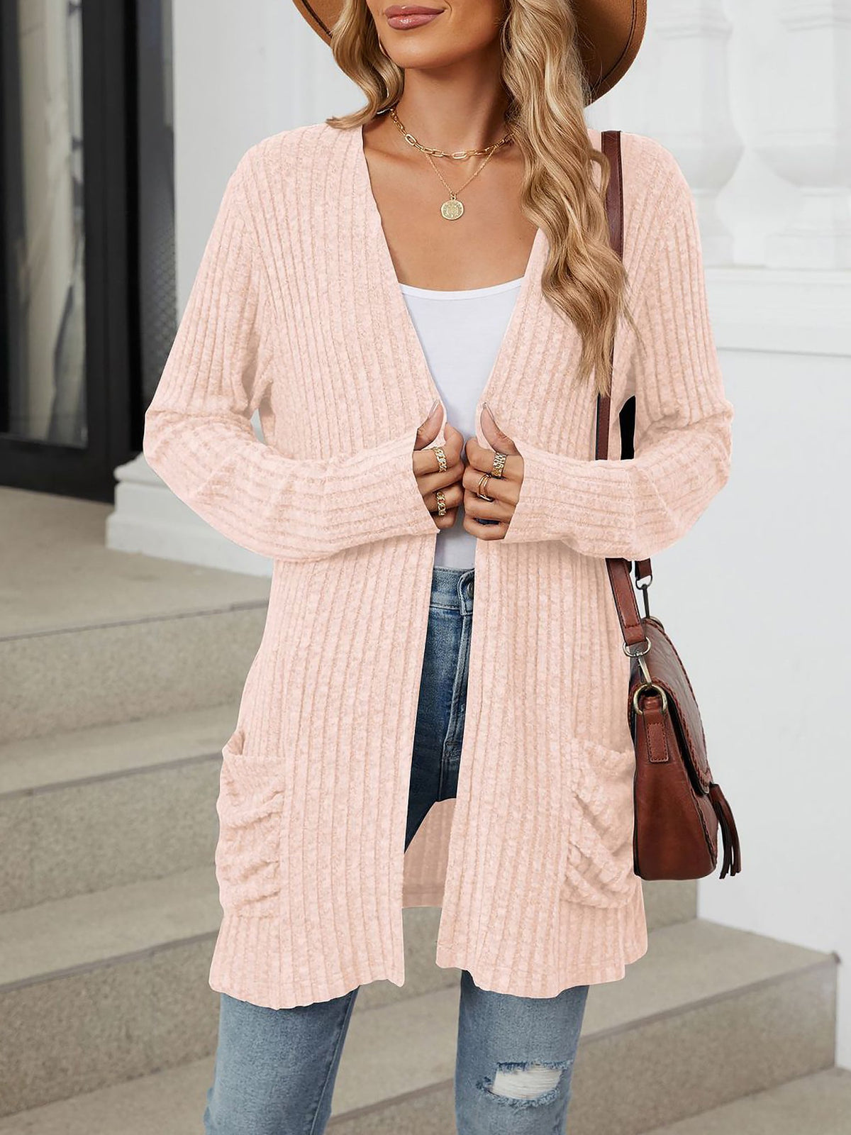 Cozy Knit Solid Color Pocket Long Sleeve Mid Length Casual Cardigan