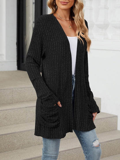 Cozy Knit Solid Color Pocket Long Sleeve Mid Length Casual Cardigan