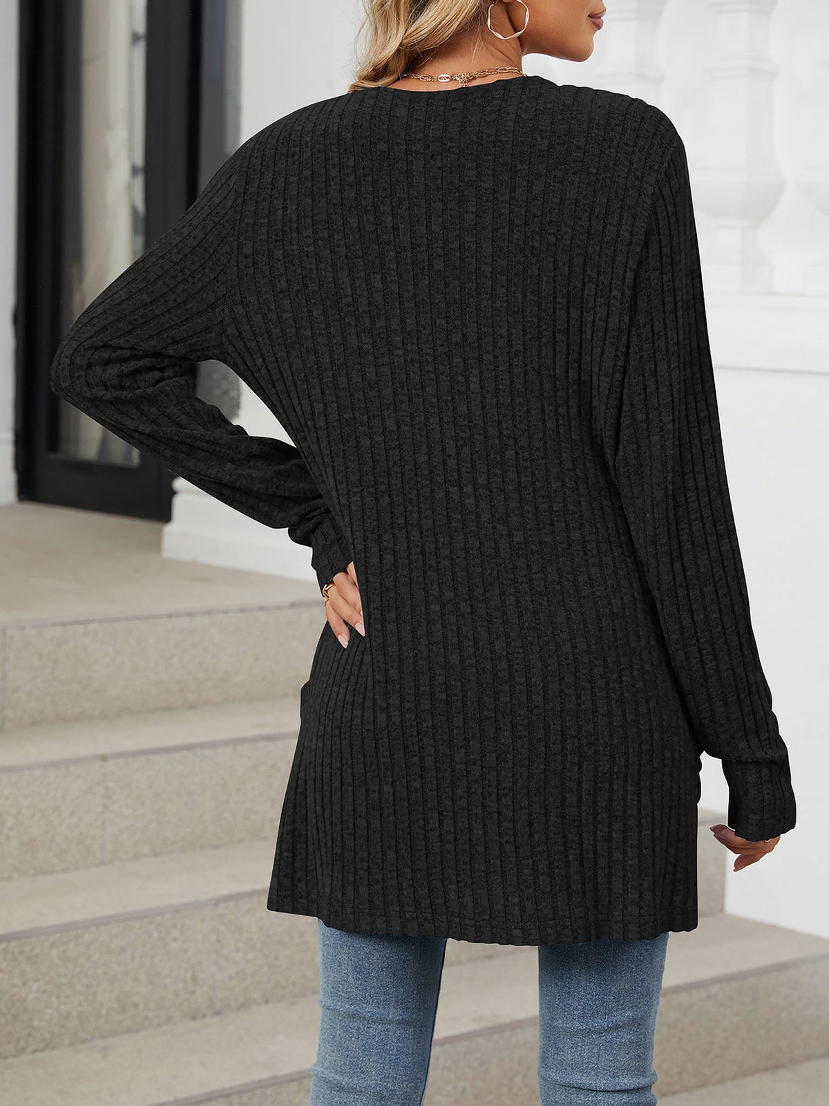 Cozy Knit Solid Color Pocket Long Sleeve Mid Length Casual Cardigan