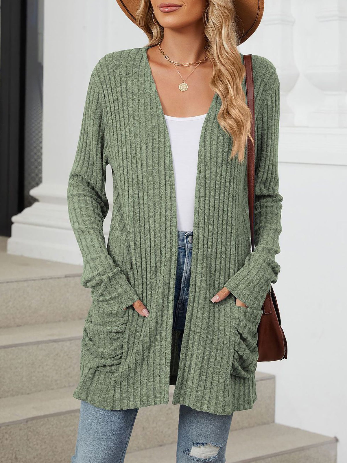 Cozy Knit Solid Color Pocket Long Sleeve Mid Length Casual Cardigan