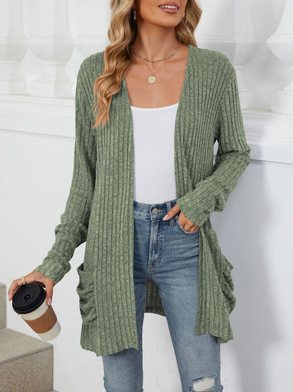 Cozy Knit Solid Color Pocket Long Sleeve Mid Length Casual Cardigan