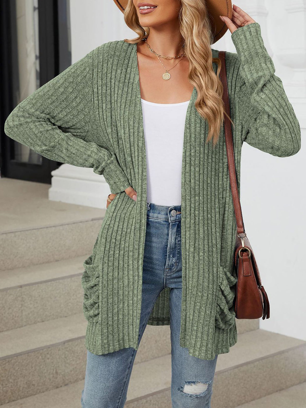 Cozy Knit Solid Color Pocket Long Sleeve Mid Length Casual Cardigan