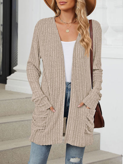 Cozy Knit Solid Color Pocket Long Sleeve Mid Length Casual Cardigan