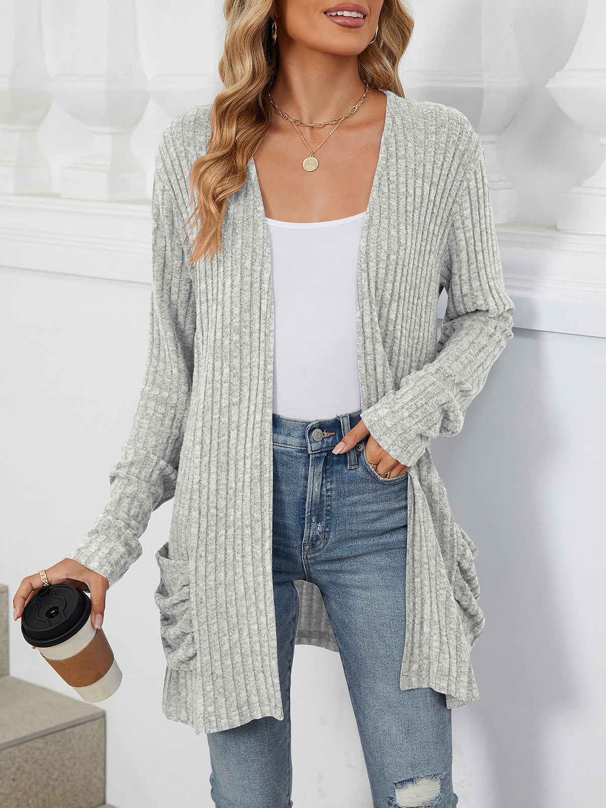 Cozy Knit Solid Color Pocket Long Sleeve Mid Length Casual Cardigan