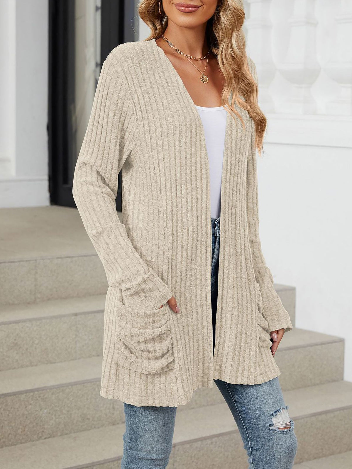 Cozy Knit Solid Color Pocket Long Sleeve Mid Length Casual Cardigan