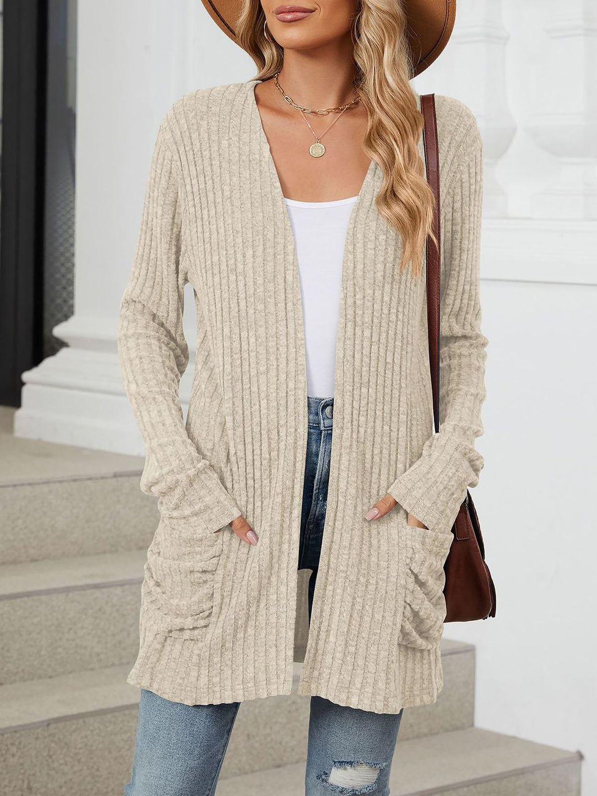 Cozy Knit Solid Color Pocket Long Sleeve Mid Length Casual Cardigan