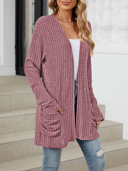 Cozy Knit Solid Color Pocket Long Sleeve Mid Length Casual Cardigan