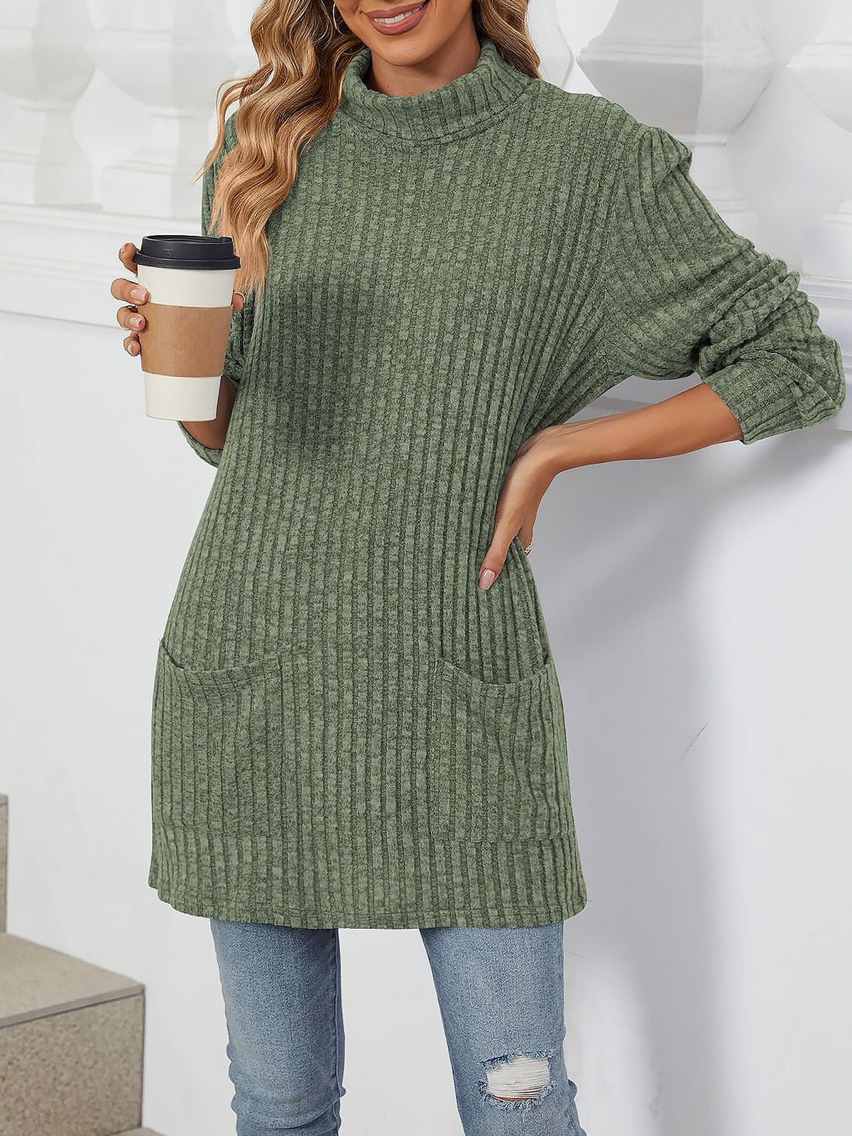 Solid Color Mock Neck Long Sleeve Tunic Blouse
