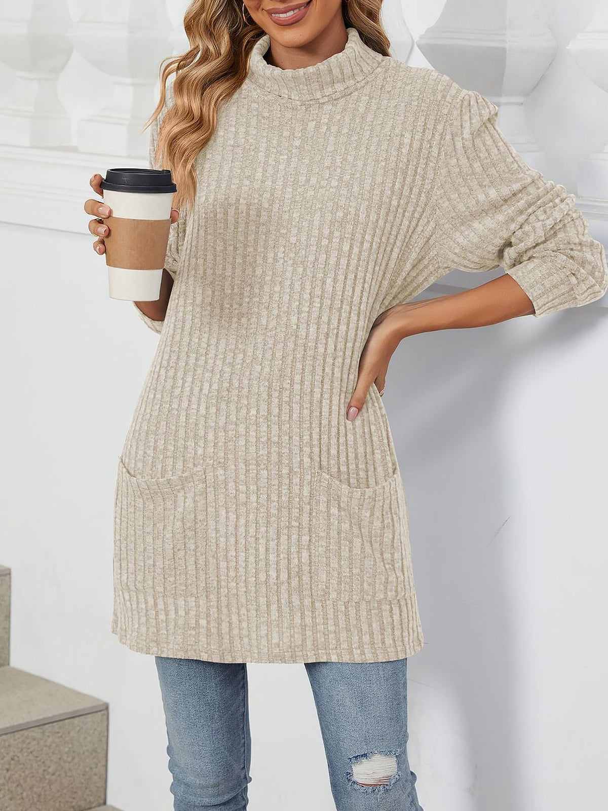 Solid Color Mock Neck Long Sleeve Tunic Blouse