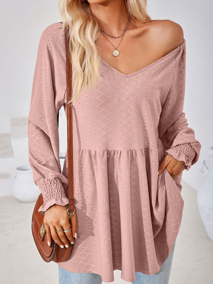 Solid Color V Neck Textured Smocked Sleeves Peplum Blouse