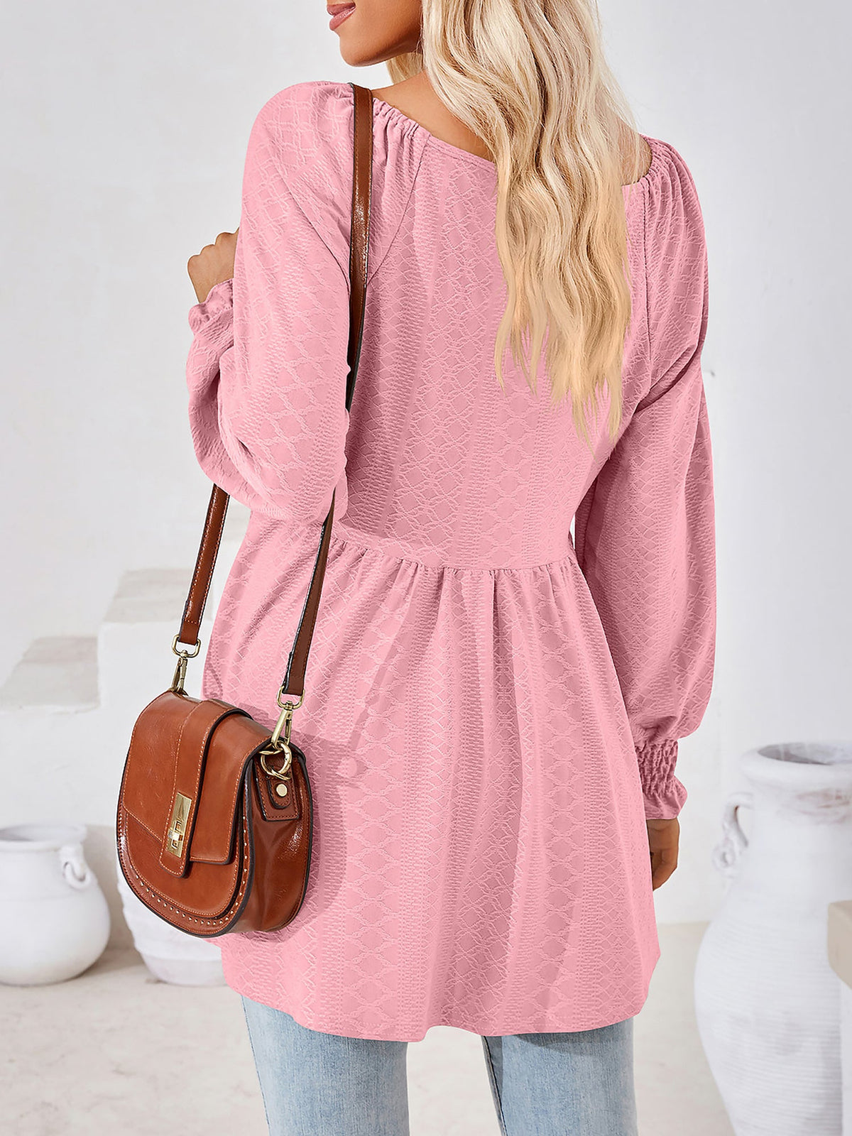 Solid Color V Neck Textured Smocked Sleeves Peplum Blouse
