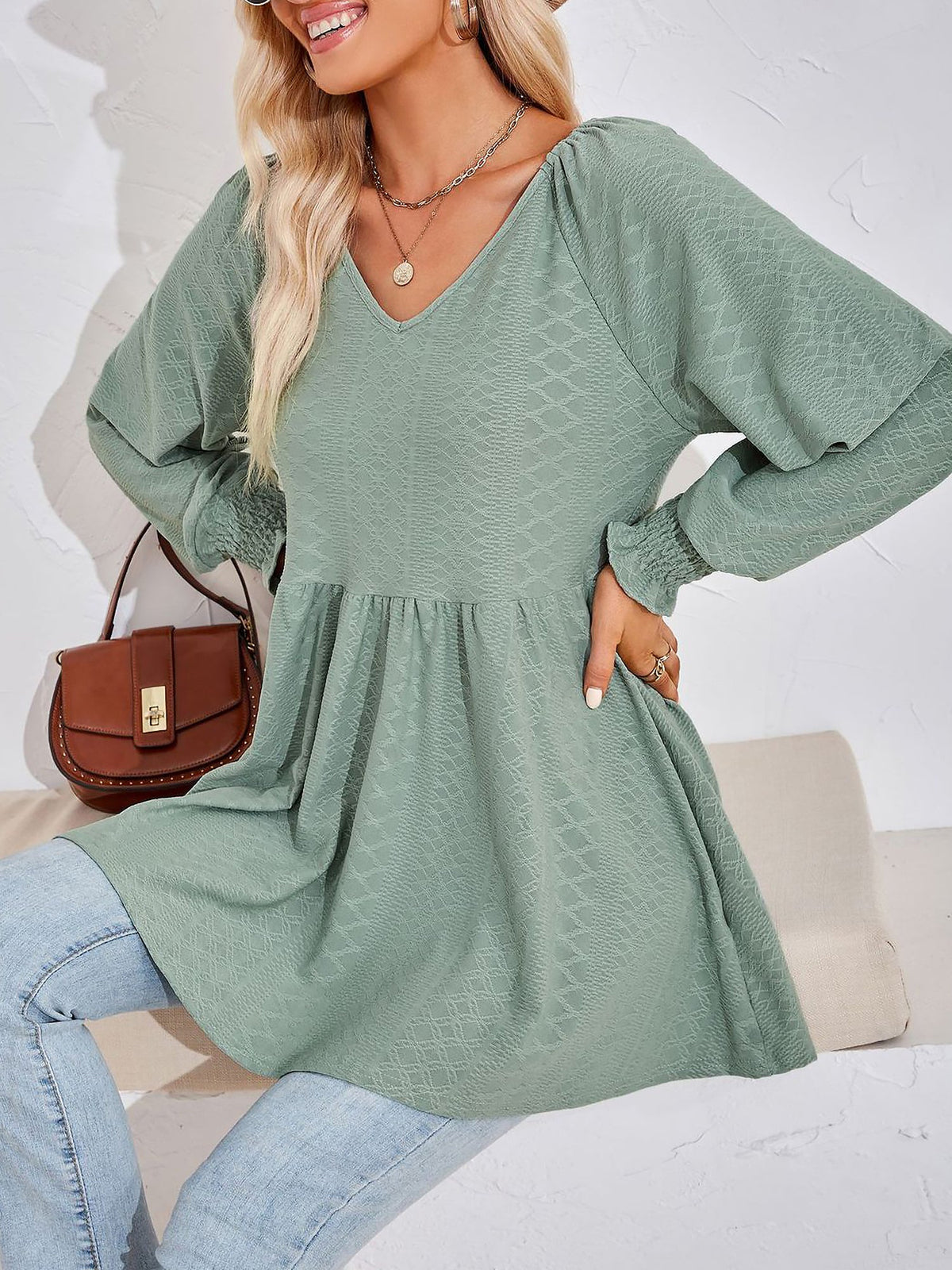 Solid Color V Neck Textured Smocked Sleeves Peplum Blouse