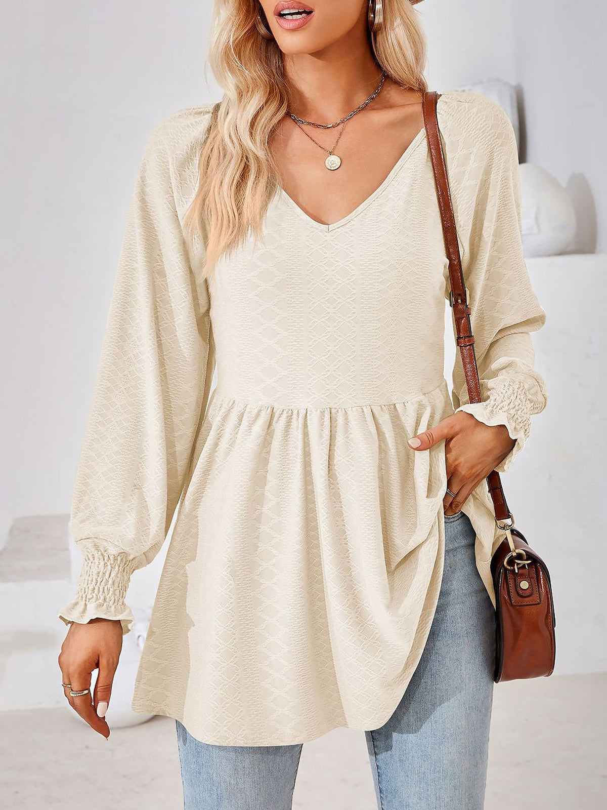 Solid Color V Neck Textured Smocked Sleeves Peplum Blouse