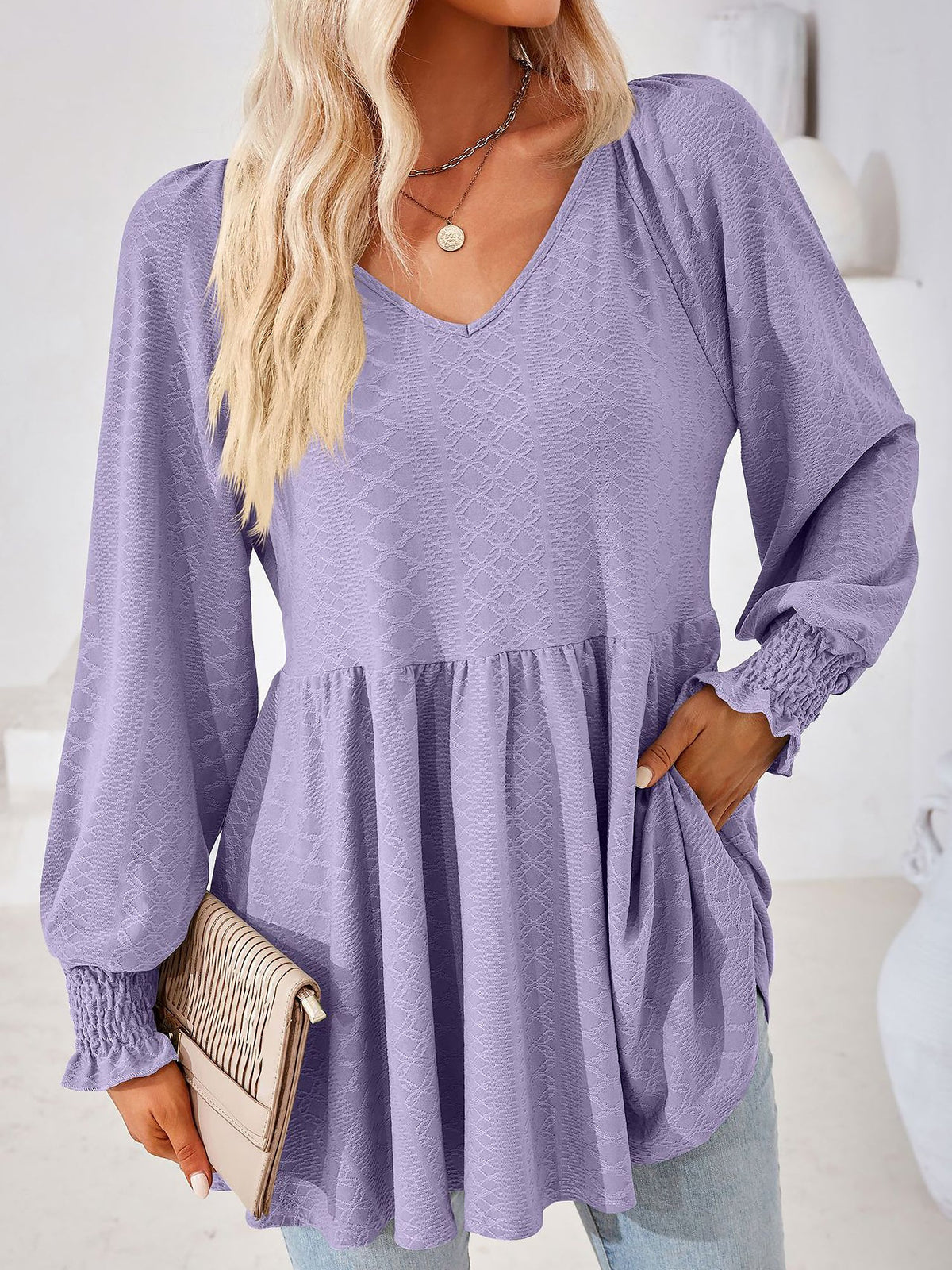 Solid Color V Neck Textured Smocked Sleeves Peplum Blouse