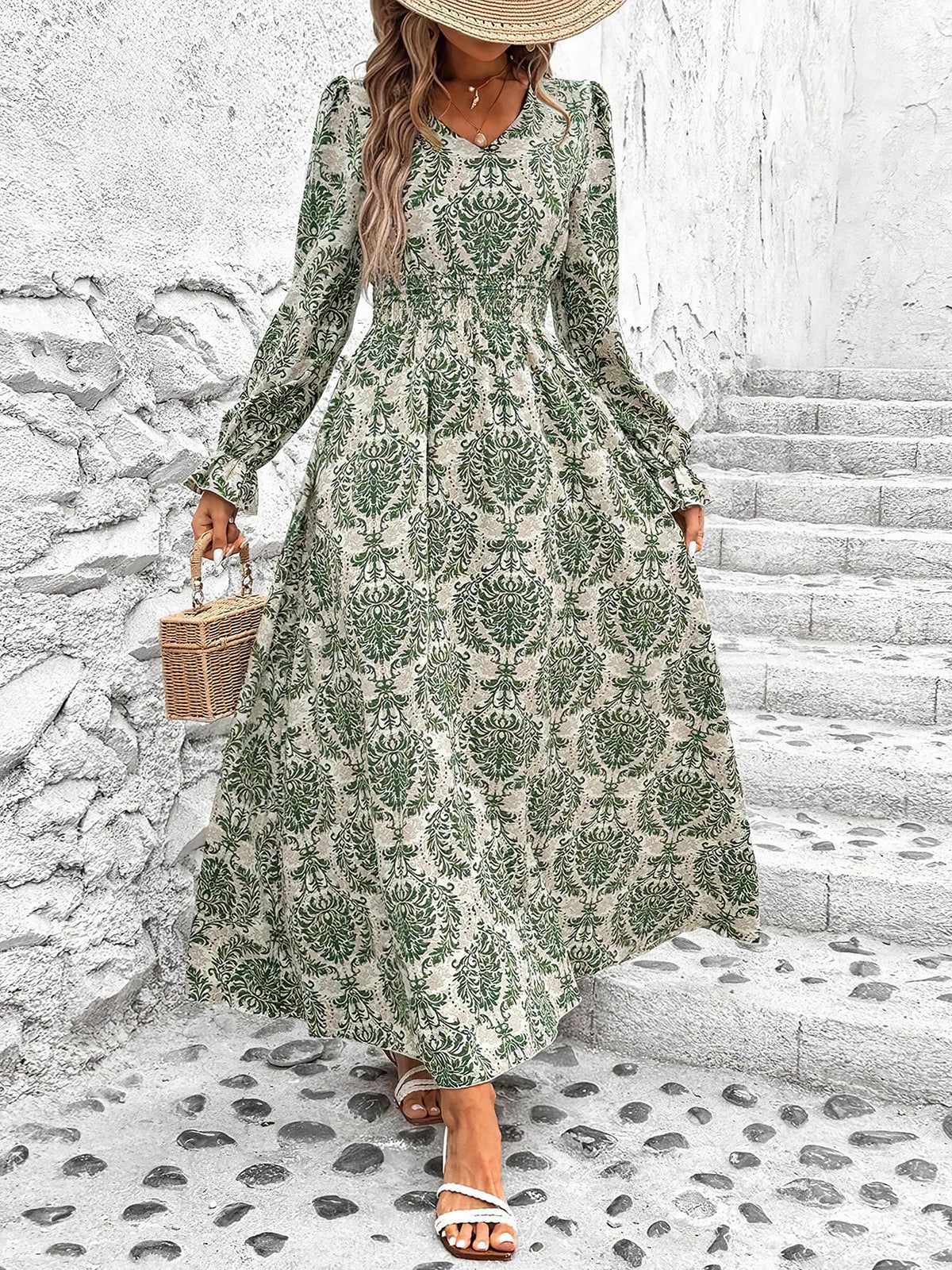 Boho-Chic Floral V Neck Long Sleeve Smocked Waist Swing Maxi Casual Dress