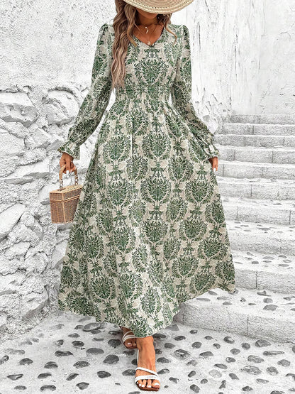 Boho-Chic Floral V Neck Long Sleeve Smocked Waist Swing Maxi Casual Dress