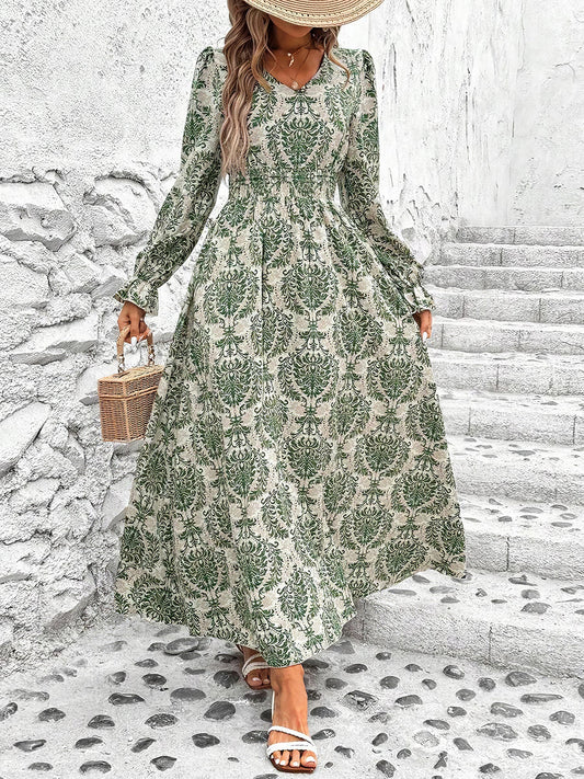Boho-Chic Floral V Neck Long Sleeve Smocked Waist Swing Maxi Casual Dress