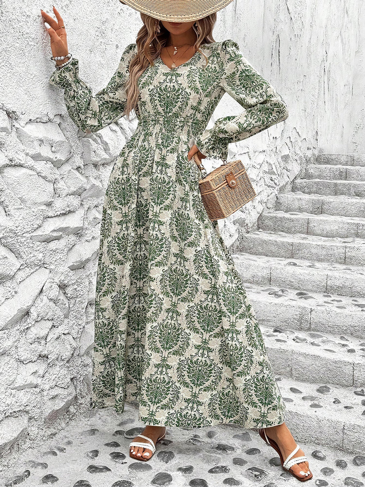 Boho-Chic Floral V Neck Long Sleeve Smocked Waist Swing Maxi Casual Dress