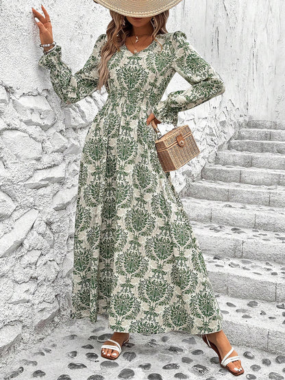 Boho-Chic Floral V Neck Long Sleeve Smocked Waist Swing Maxi Casual Dress