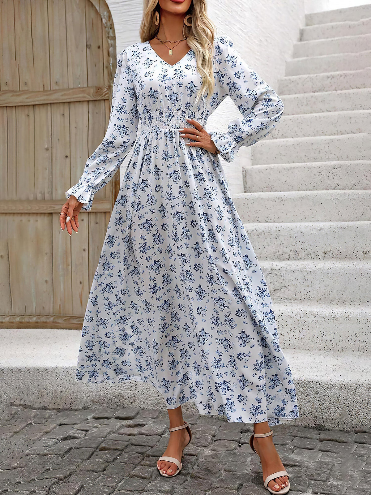 Boho-Chic Floral V Neck Long Sleeve Smocked Waist Swing Maxi Casual Dress
