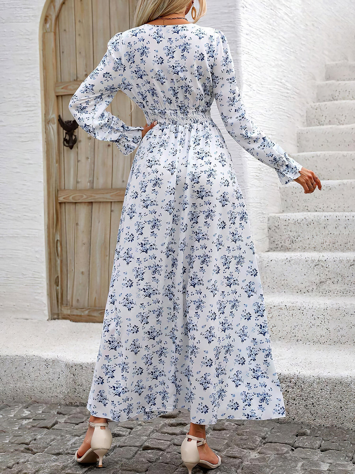 Boho-Chic Floral V Neck Long Sleeve Smocked Waist Swing Maxi Casual Dress