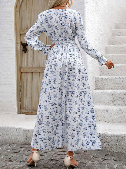 Boho-Chic Floral V Neck Long Sleeve Smocked Waist Swing Maxi Casual Dress