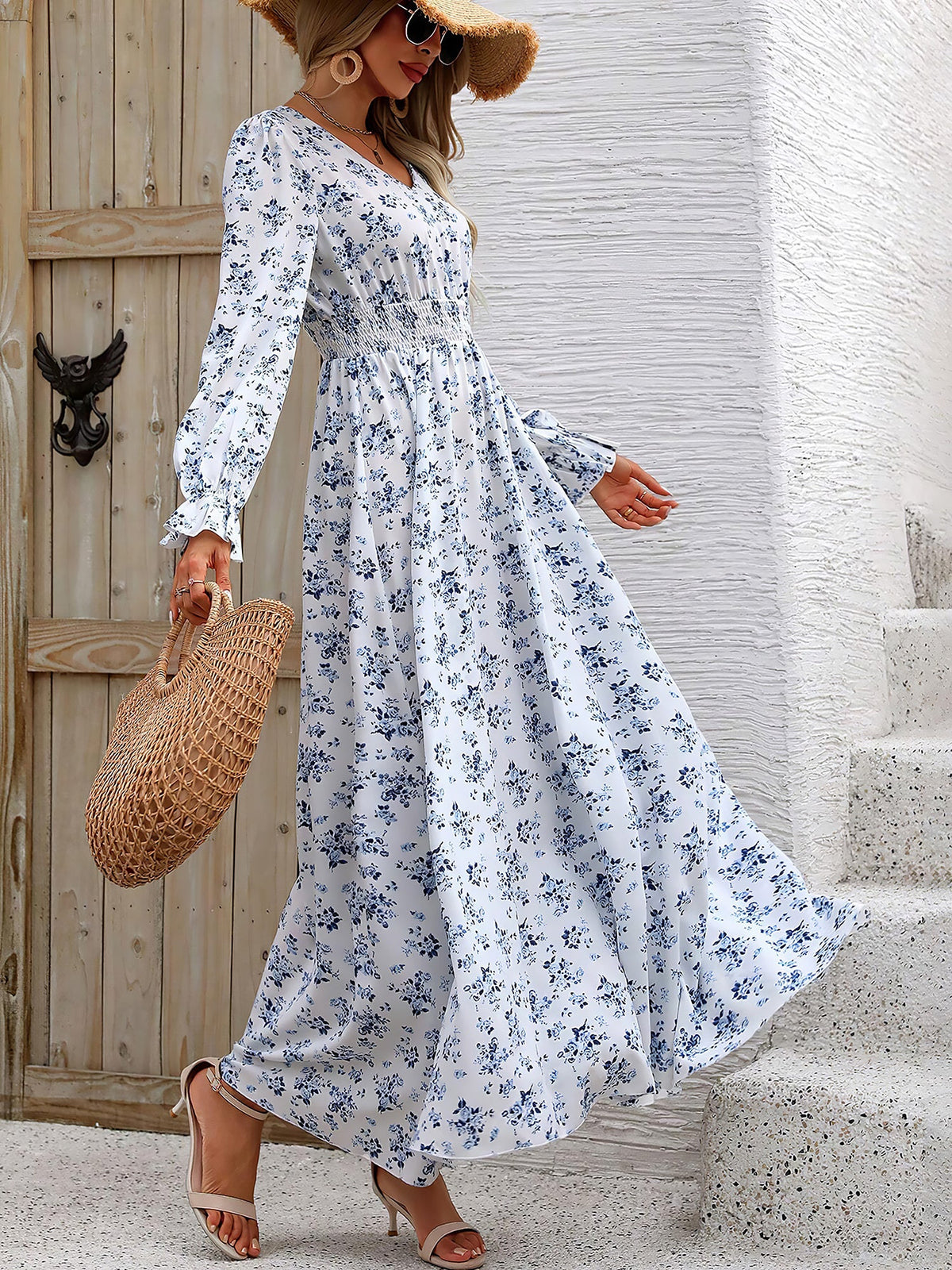 Boho-Chic Floral V Neck Long Sleeve Smocked Waist Swing Maxi Casual Dress