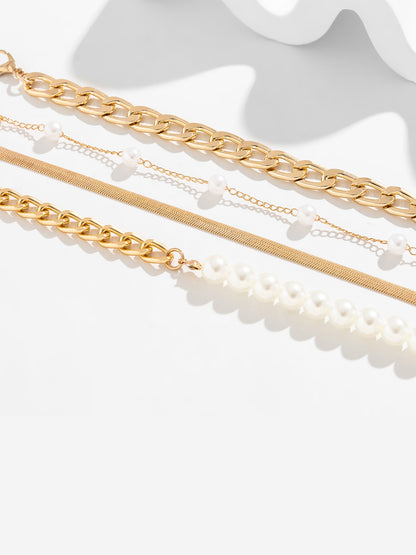 3 or 4 Pieces Bold Chain Alloy Faux Pearl Bracelet Set