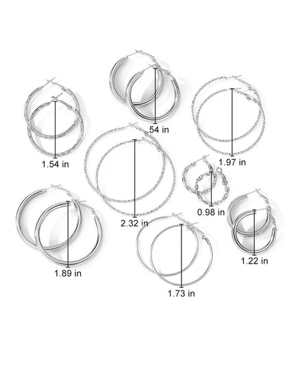 Trendy Mixed Sizes & Styles 8 Pairs Alloy Versatile Hoop Earrings Daily Set