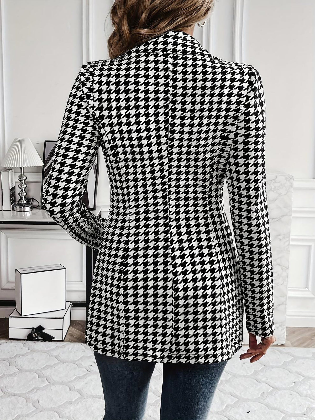 Classic Tailored Houndstooth Notched Lapel Long Sleeves Work Blazer