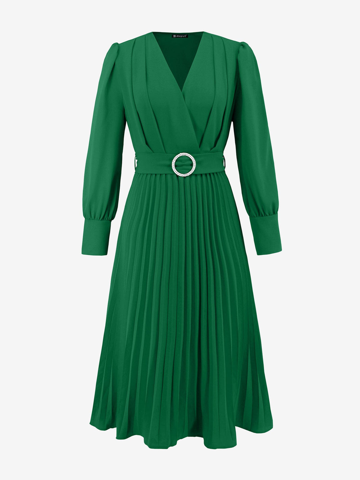Elegant V Neck Long Sleeves Flutter Pleats Belted A-Line Midi Office Dress