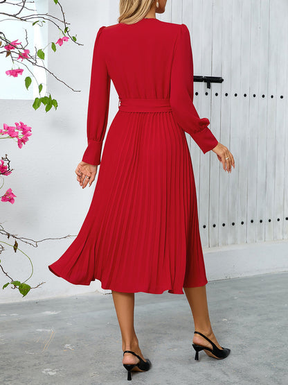 Elegant V Neck Long Sleeves Flutter Pleats Belted A-Line Midi Office Dress