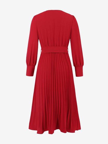 Elegant V Neck Long Sleeves Flutter Pleats Belted A-Line Midi Office Dress