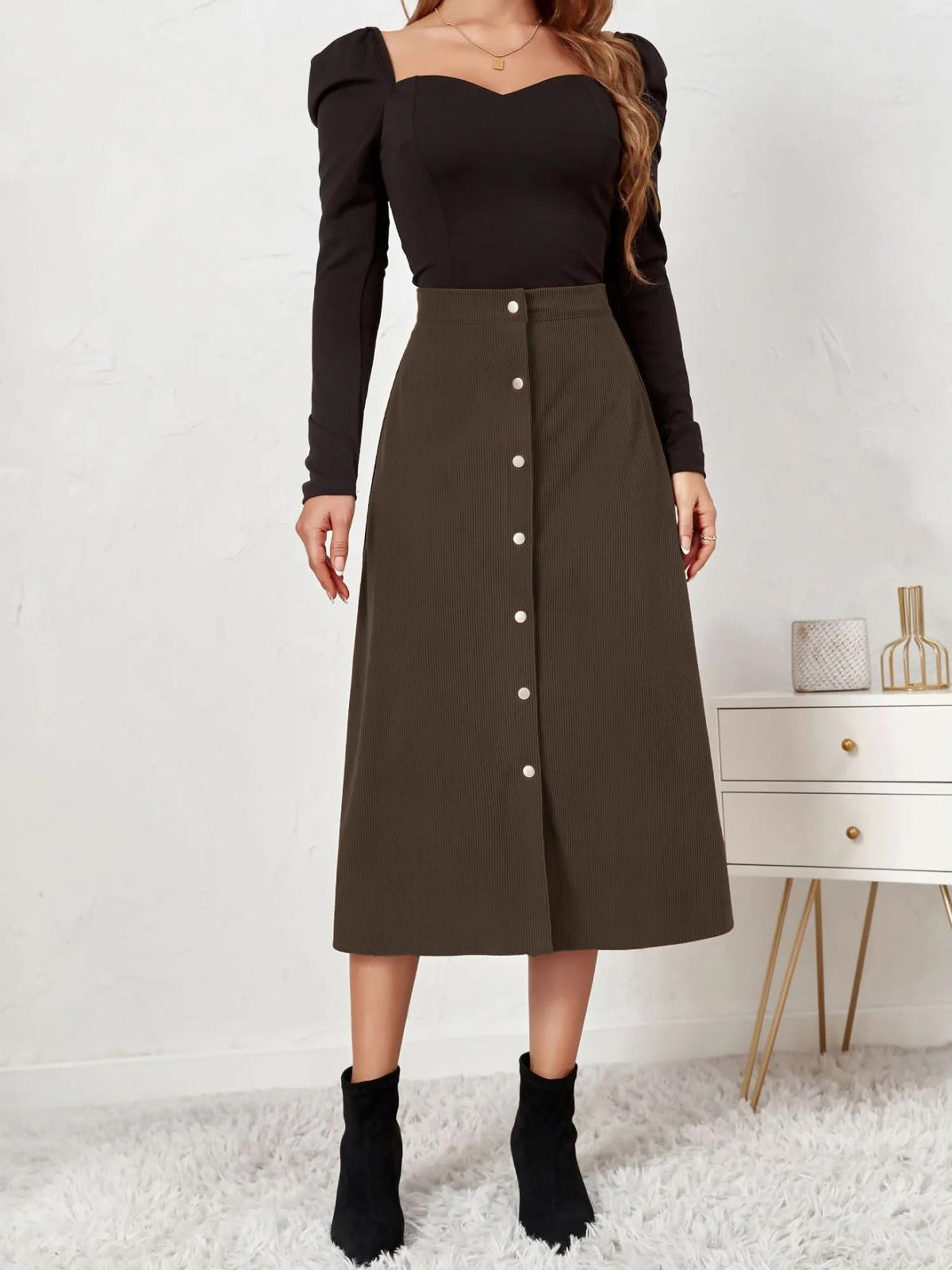 Corduroy Buttoned Split Solid Color A-Line Midi Skirt