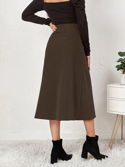Corduroy Buttoned Split Solid Color A-Line Midi Skirt