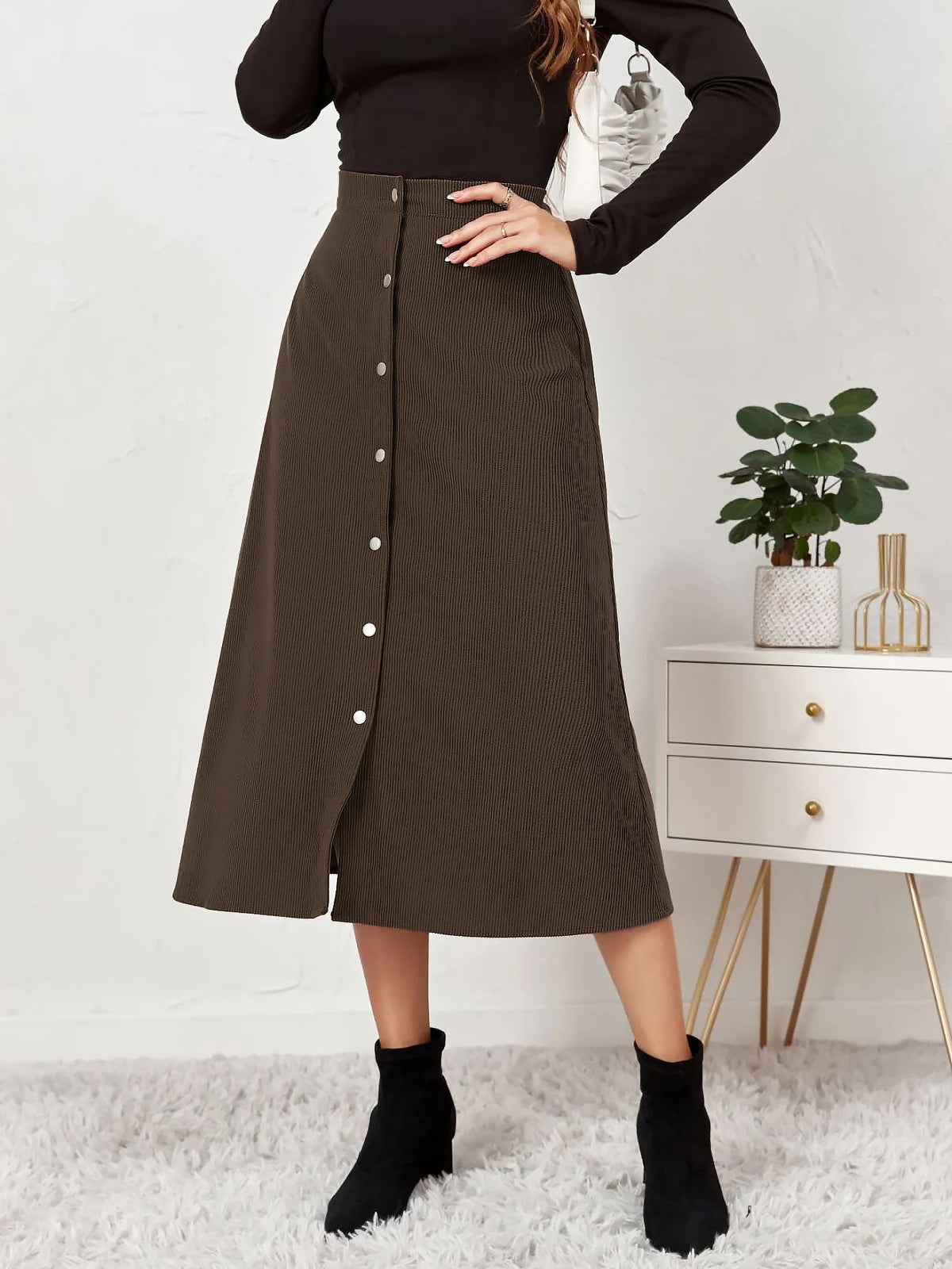 Corduroy Buttoned Split Solid Color A-Line Midi Skirt
