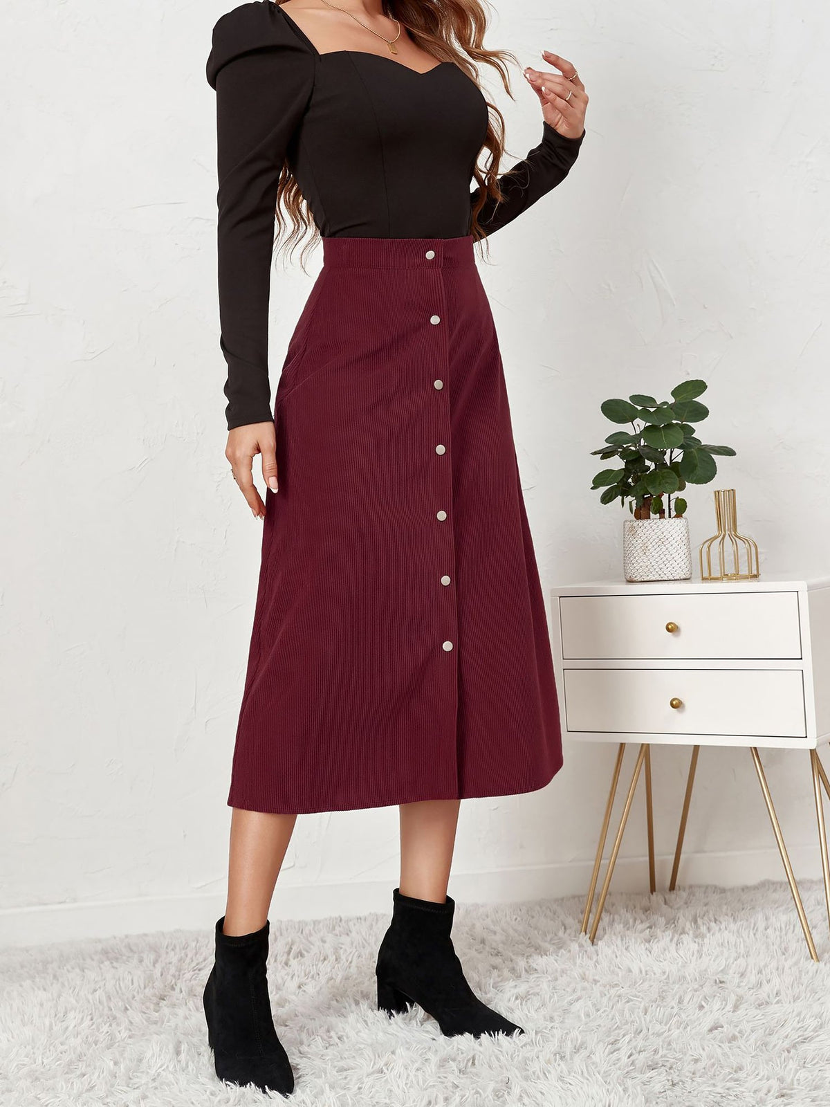 Corduroy Buttoned Split Solid Color A-Line Midi Skirt