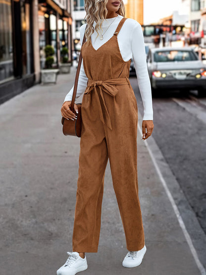 Corduroy Solid Color Belted Lace-Up Overalls Jumpsuits