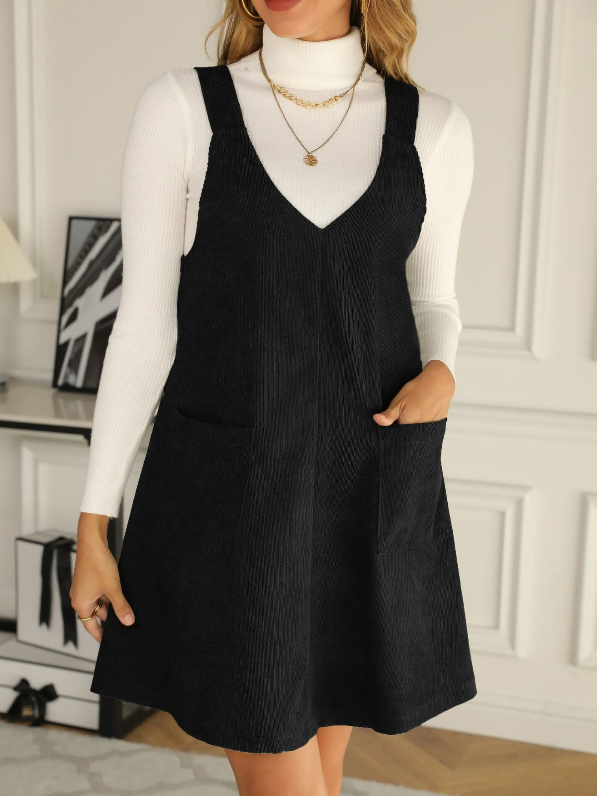 Solid Color Corduroy Pocketed Overalls Pinafore Dress