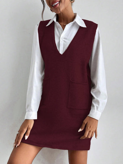 V Neck Sleeveless Pocketed Knit Mini Sweater Dress