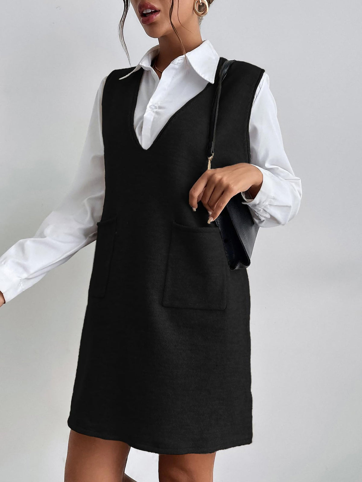 V Neck Sleeveless Pocketed Knit Mini Sweater Dress