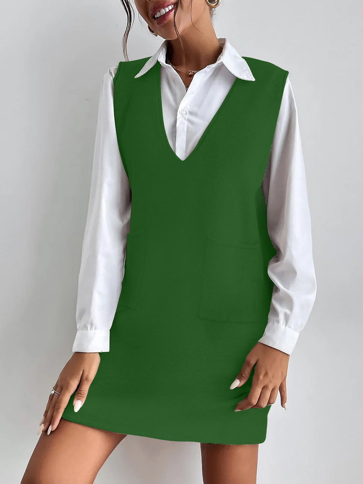 V Neck Sleeveless Pocketed Knit Mini Sweater Dress
