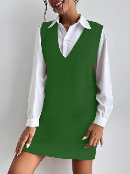 V Neck Sleeveless Pocketed Knit Mini Sweater Dress