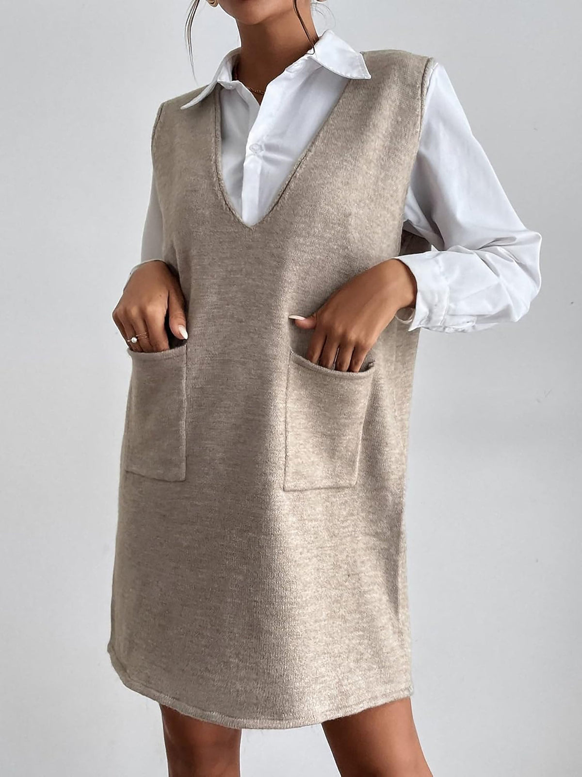 V Neck Sleeveless Pocketed Knit Mini Sweater Dress