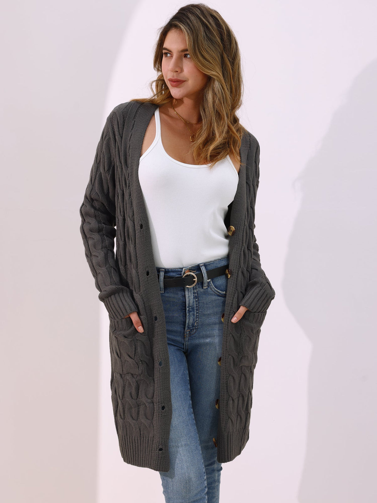 Long Sleeves Cable Knit Button Down Cardigan
