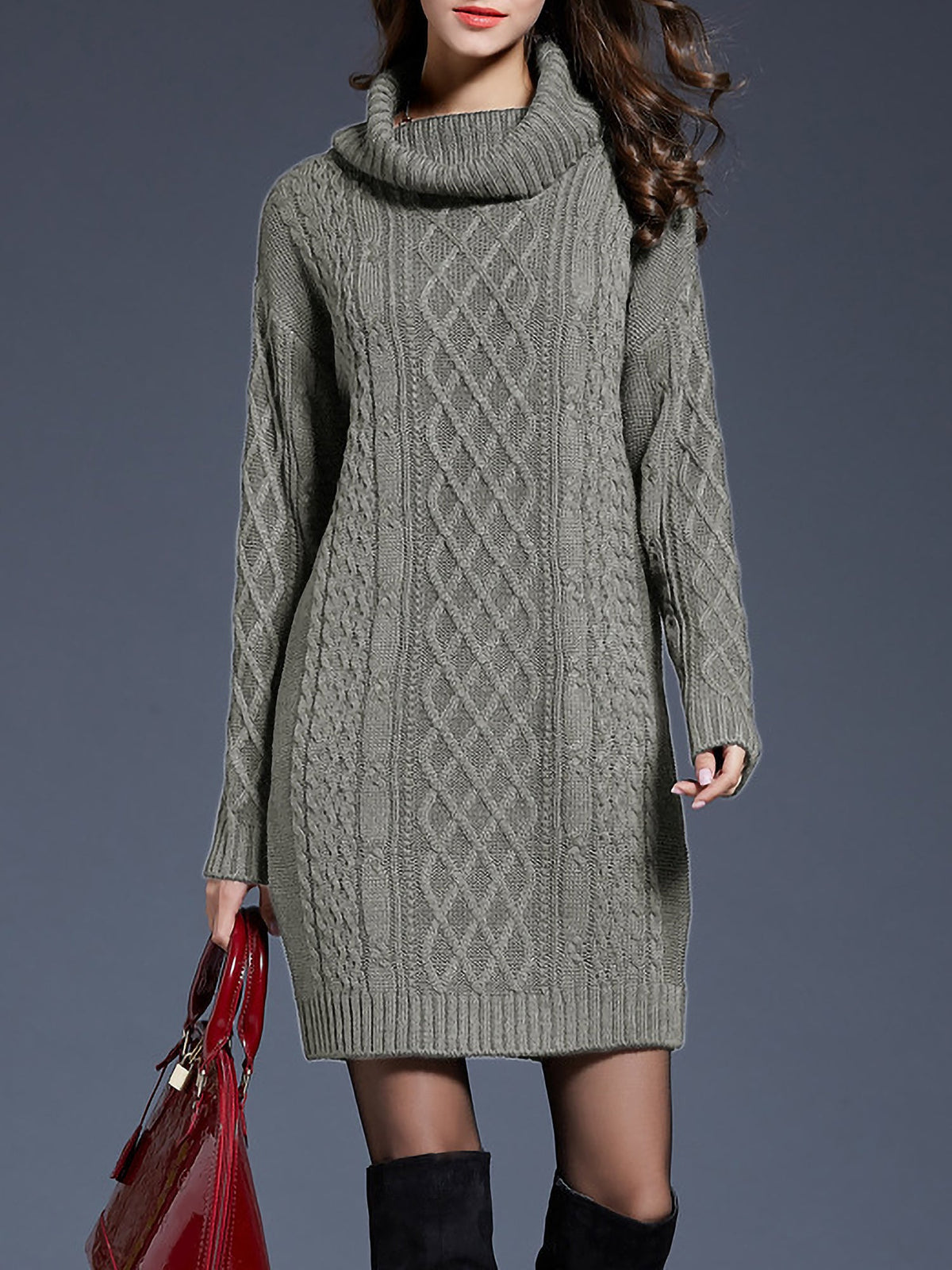 Turtle Neck Twist Knit Long Sleeves Mini Sweater Dress
